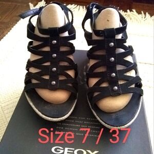 Geox Black High Wedge Strappy Platform Sandals 37 US Size 7